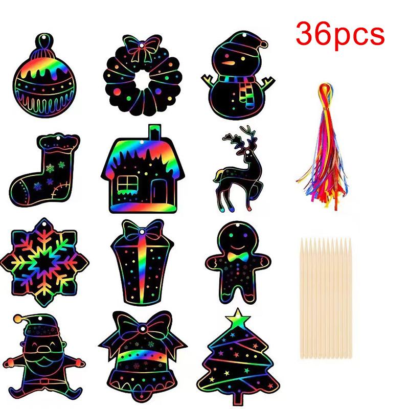 12/24/36Pcs Christmas Scratching Card DIY Art Painting Graffiti Art Christmas Tree Decoration Xmas Children Gift Festival Home Decor