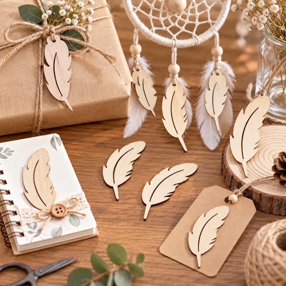 50pcs Unfinished Surface Wood Plume Cutouts Wood Slices Wooden Craft Tags For DIY Craft Project