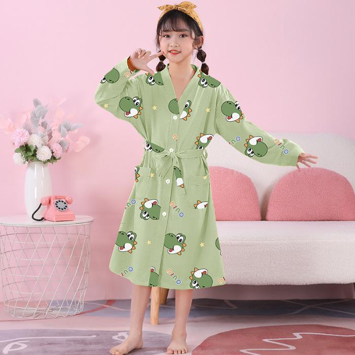 Girls' Combed Cotton Long-Sleeve Pajama Robe - Spring/Summer Bathrobe for Kids, Cute Sleepwear for Middle and Big Girls
