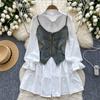 Autumn new feminine gentle niche French waist single-breasted long-sleeved shirt dress + suspender denim vest