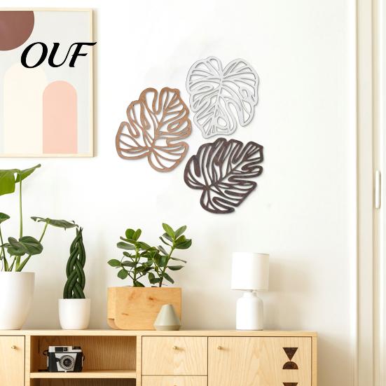 Bedroom Wall Hanging Decor 3Pcs Hollow Monstera Leaf Decoration, Wooden Tropical Art Plaque, Decorative Natural Style Accents Sculpture with Hook for