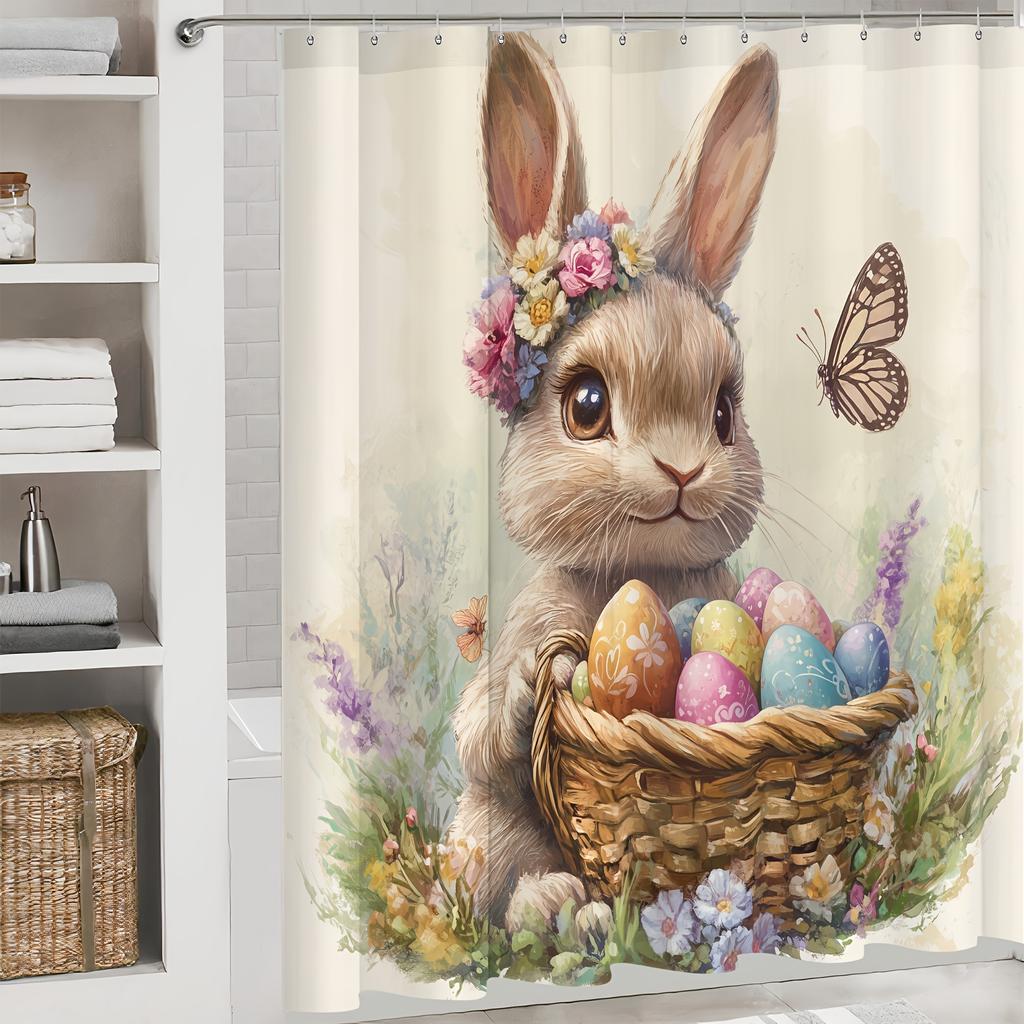 1 Shower Curtainadorable Easter Bunny With Colorful Eggs And Flowers For A Festive Bathroom Decor