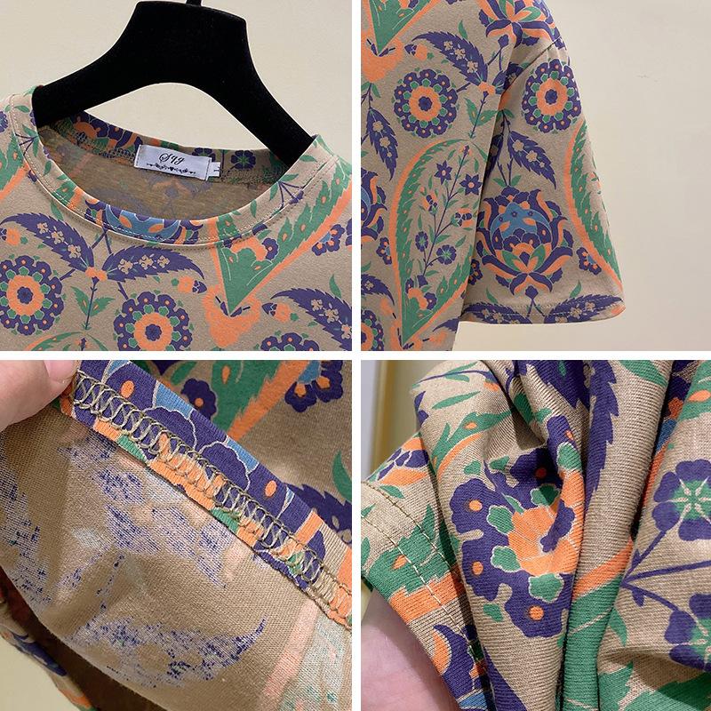 Large Size Cotton Short-sleeved T-shirt Women's Summer Clothes Korean Version of The Loose and Thin All-match Printed Round Neck T-shirt Women