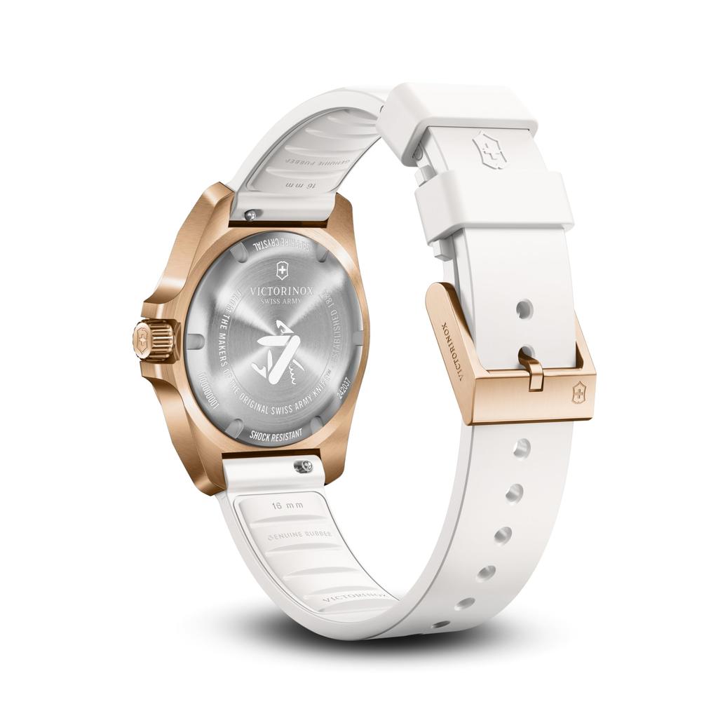 Victorinox I.N.O.X. Small Analog Watch, Waterproof, White Dial, White Rubber Strap, Rose Gold Stainless Steel Case (316L), Strap Replacement
