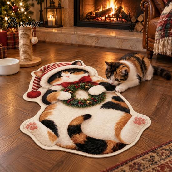 Kitchen Sink Rug Christmas Cat Shaped Rug, Plush Sleeping Absorbent Bathroom Mat, Xmas Lovers Gift Hat Kitty Non-slip Washable Area for Bedroom,