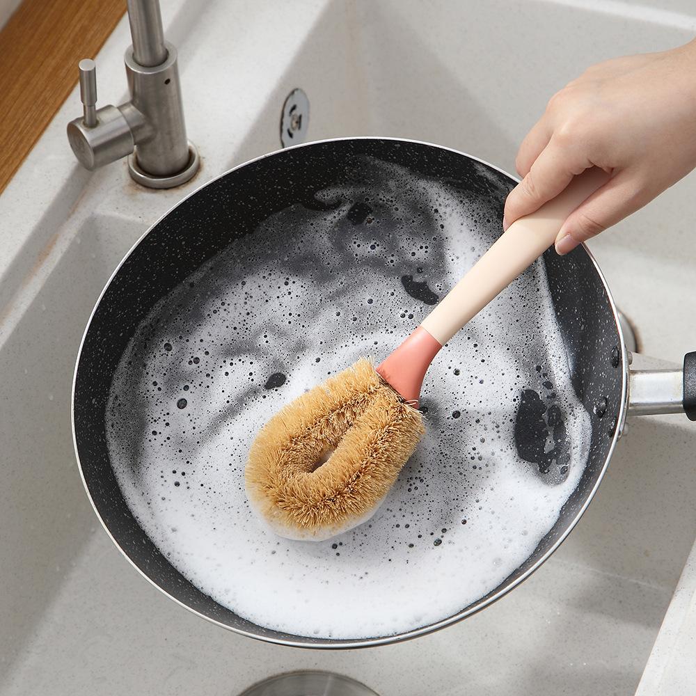Long-handled Brown-haired Pot BrushGas Stove Cleaning BrushPot Grease Removal Coconut Palm Brush