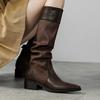 Retro Spliced Long Tube Boots Women'S Chunky Heel High-Cut Boot Cross-Banding Faionable Casual Round Toe Boot