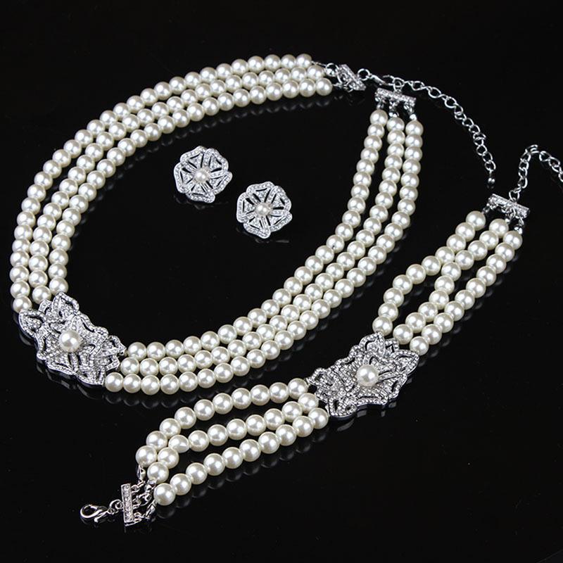 Multilayer Rhinestone Flower Imitation Pearl Beaded Choker Necklace Bracelet Stud Earrings Jewelry Party Gift