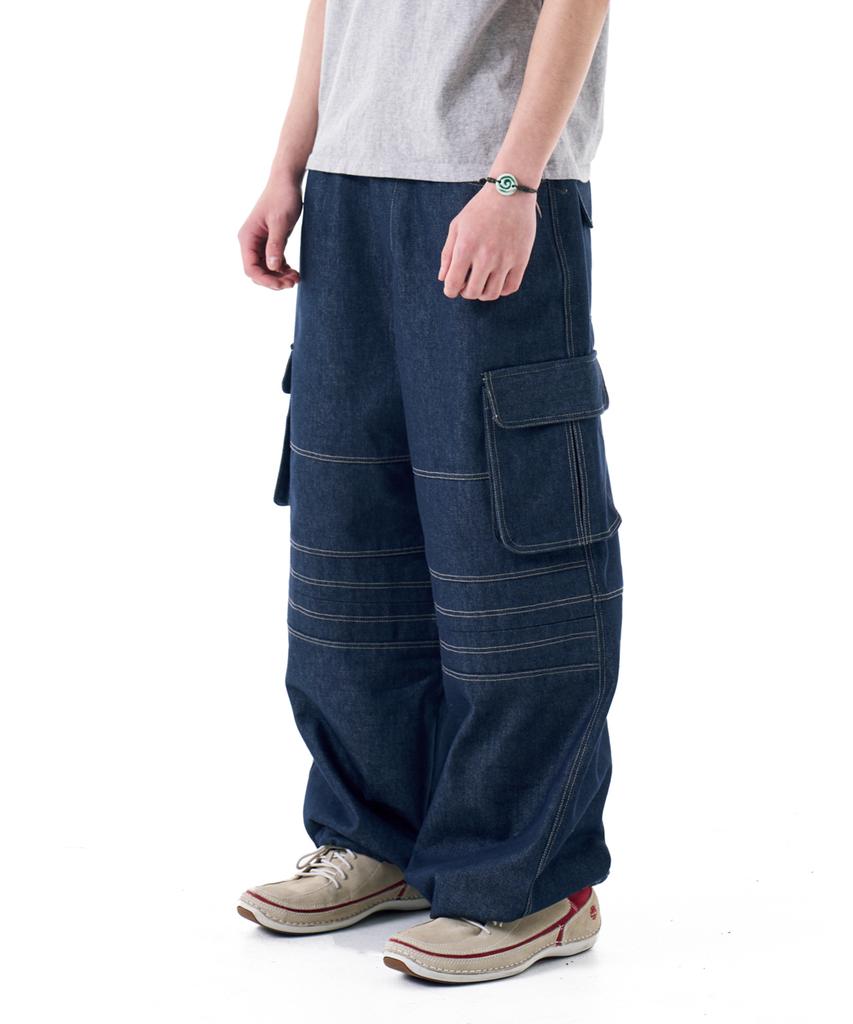 AAKAM Stitched Denim Wide Cargo Pants (Blue)