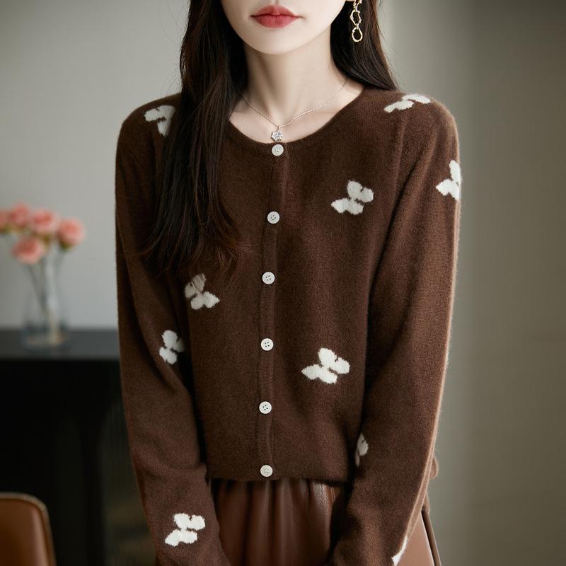 2025 Stylish Bow Jacquard Wool Knit Cardigan - Round Neck, Single-Breasted Thin Sweater Coat