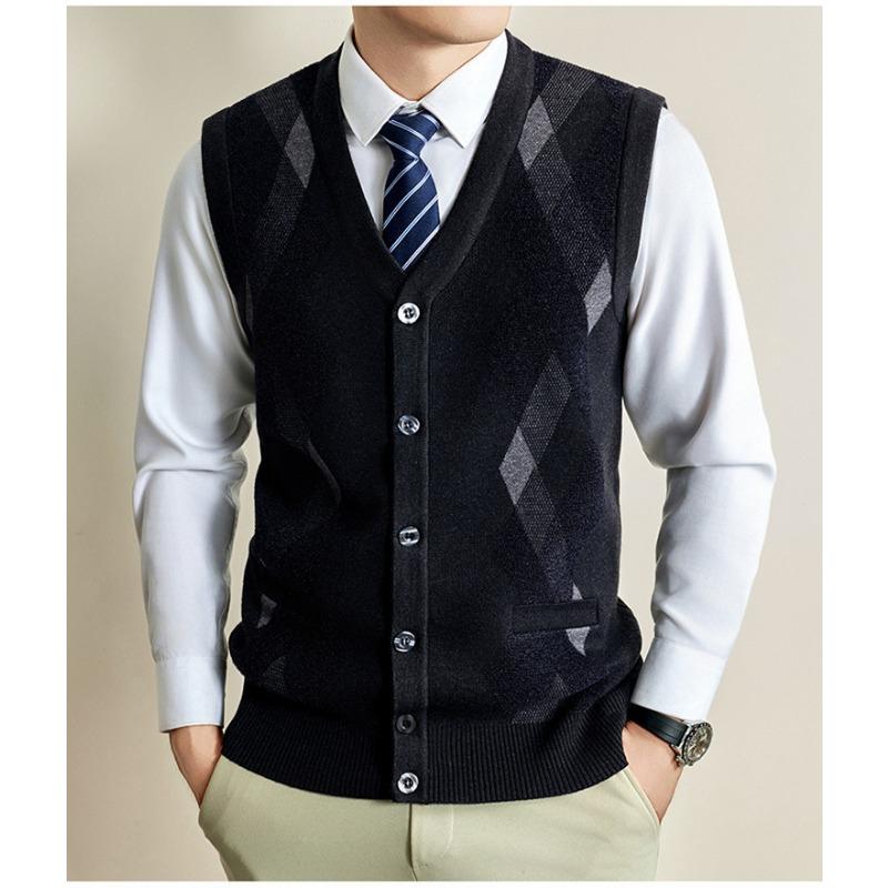 Vestă Tricotată pentru Bărbați Toamnă Iarnă Cardigan fără Mâneci pentru Vârstnici Model în Carouri