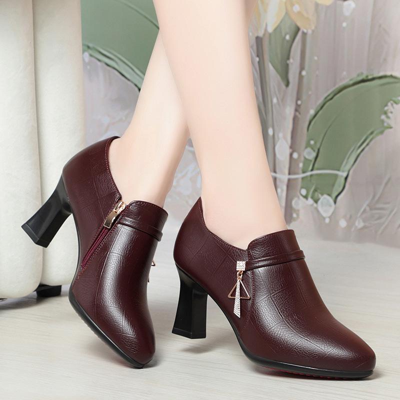 Fashion Elegant Deep Mouth Soft Leather Shoes Women Pumps Platform Spring 2024 Med Block Heels Shoes For Office Model Mom Anti-slip