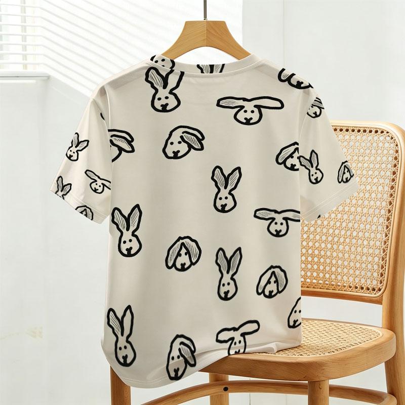 Women's Korean Style Rabbit Series Round Neck Short Sleeve T-Shirt Simple Design, Comfortable Fabric, Versatile for Daily Casual & Short Trips
