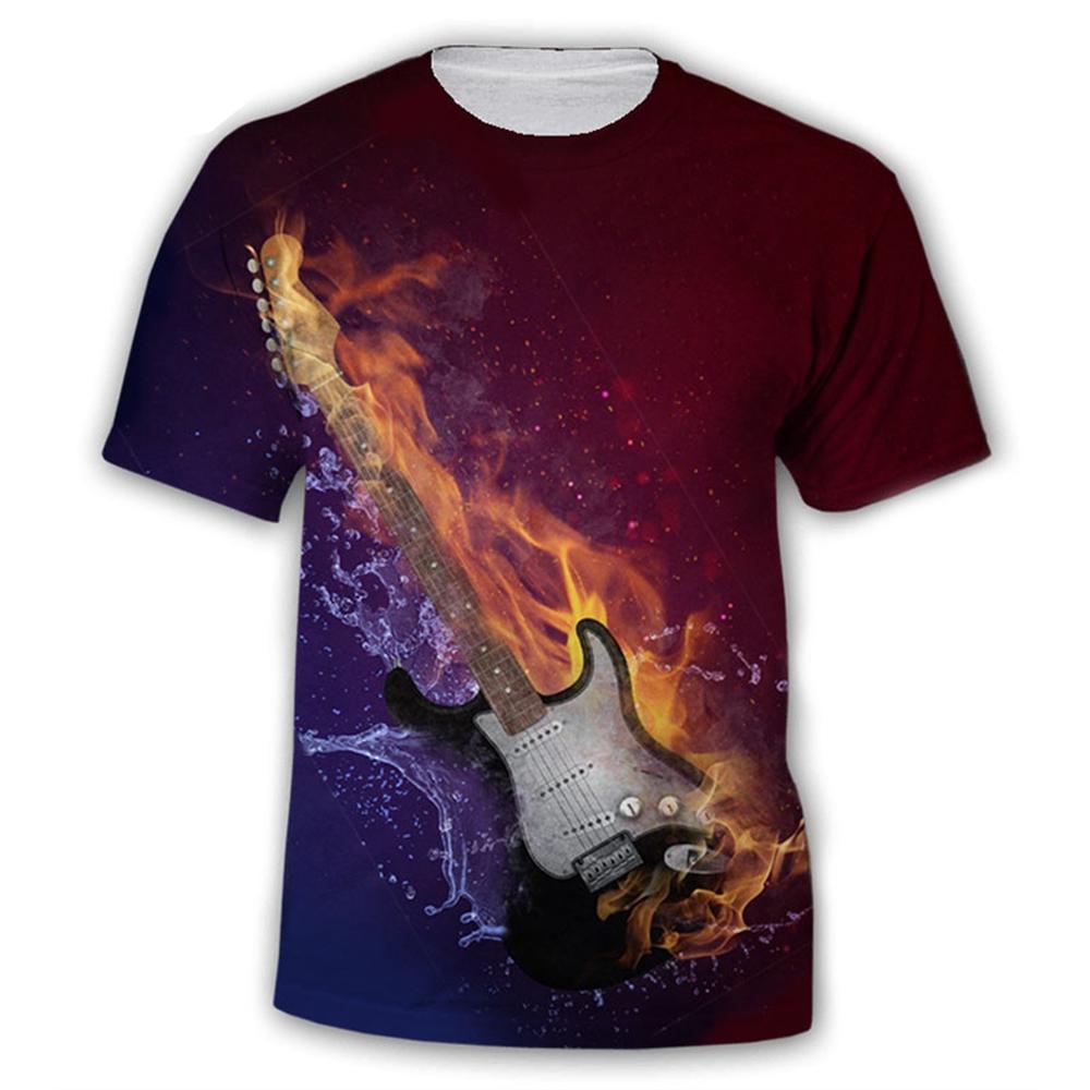 Summer Round Neck 3D Guitars Print Top Fashionable Casual Rock Short Sleeved Men's T-shirts
