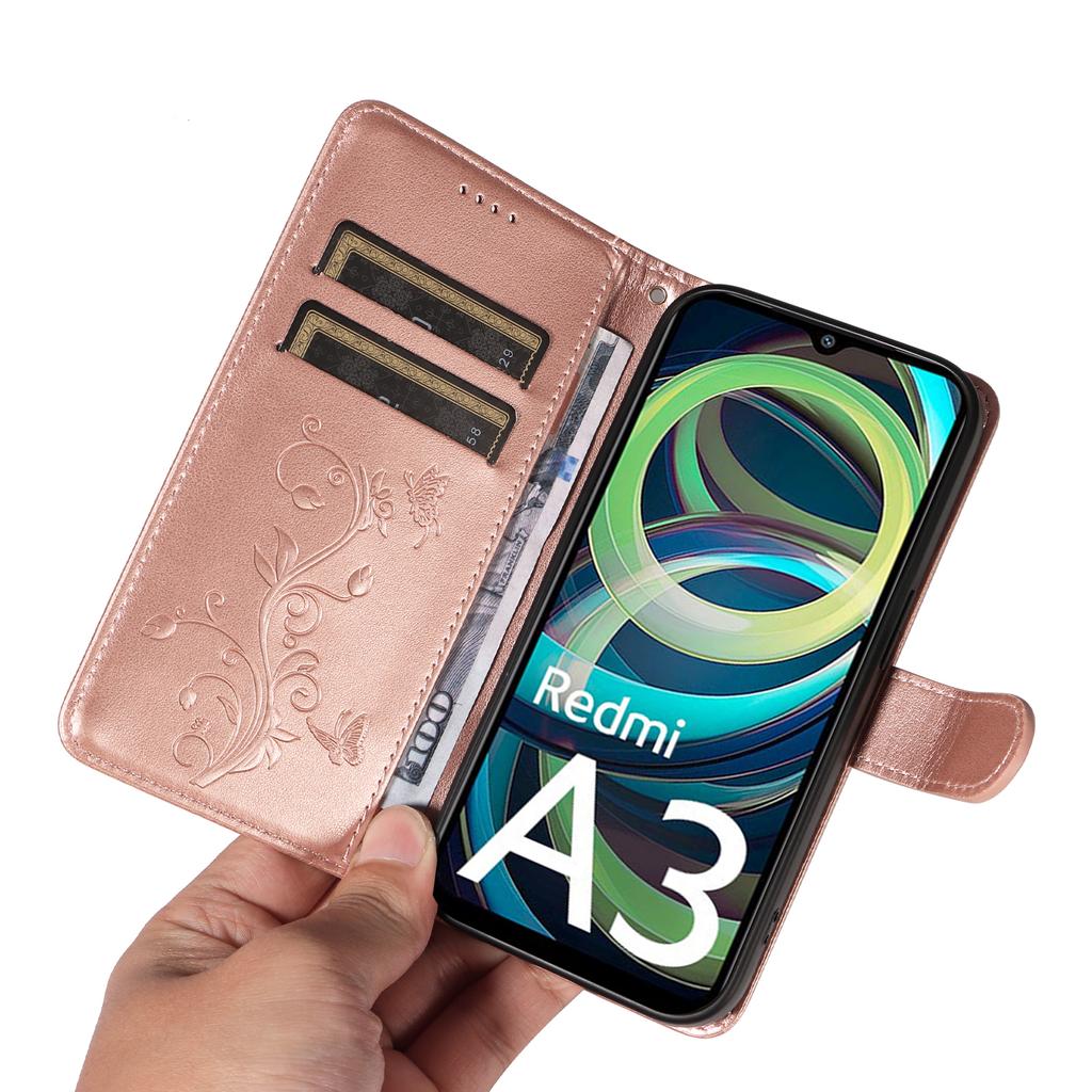 For Xiaomi Redmi A3/Poco C61 4G PU Leather Cases Flower Pattern Wallet Stand Phone Cover with Strap