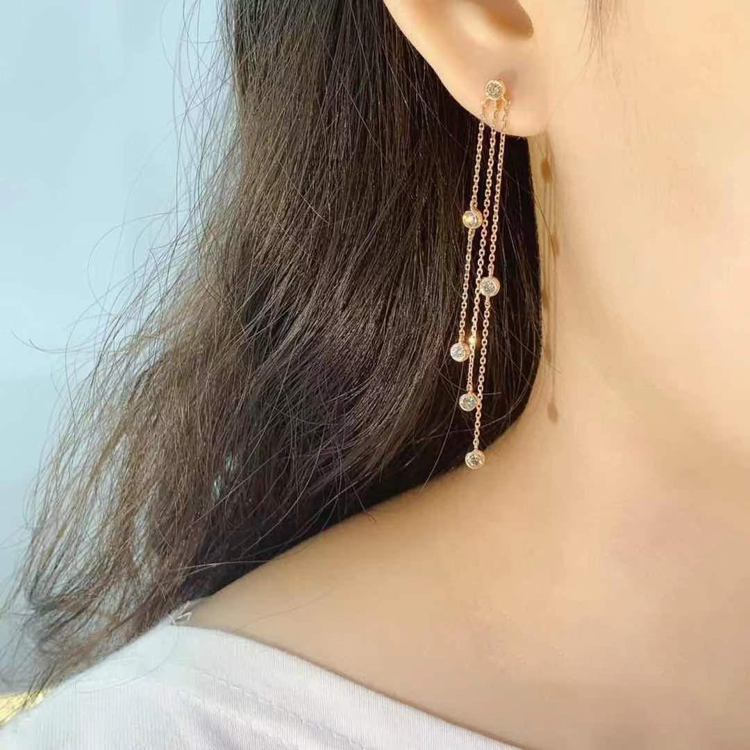 

Fashion and simple temperament Long fringed stud earrings Women s Super Fairy earrings Versatile fringed round diamond earrings рожевий колір золота