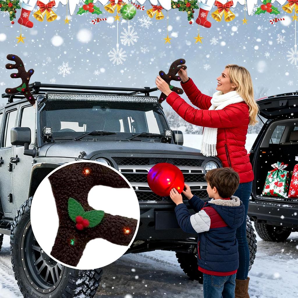 Enfeite de Renas de Natal para Carro com Luzes LED Traje de Galhadas para Exterior de Automóvel Decoração de Carro de Alce de Veludo Polar de Natal