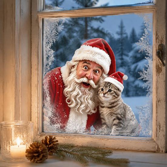 Static Cling Window Film Christmas Sticker, Santa Claus And Cute Kitten PVC Easy Apply Murals Decal, Waterproof Reusable Glass for Storefront