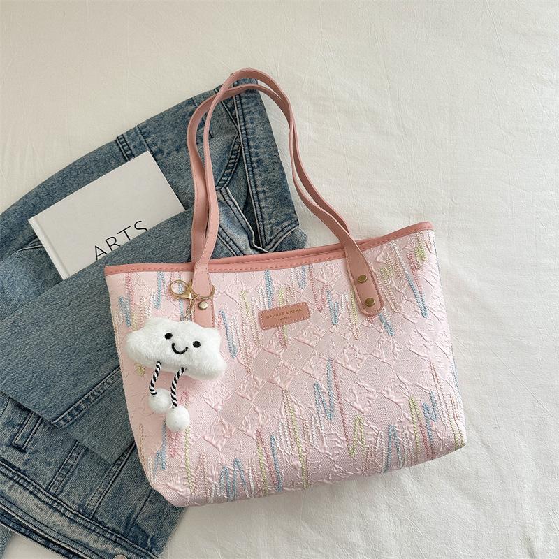 Casual commuting large-capacity bag women's new fashion college student class shoulder striped embroidered tote bag