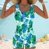Women Plus Size Square Neck Wide Straps Sleeveless One Piece Green Blue Printed Boyshort Swimsuit