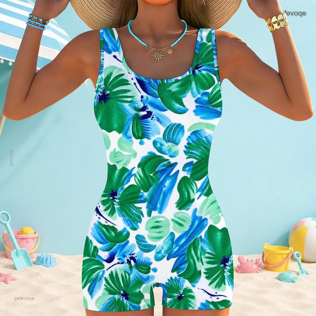 Women Plus Size Square Neck Wide Straps Sleeveless One Piece Green Blue Printed Boyshort Swimsuit