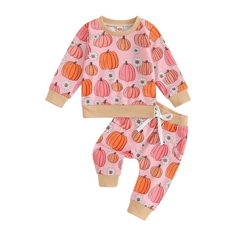 

Baby Girl Fall Outfit Flower/Pumpkin Print Crew Neck Long Sleeve Sweatshirts Long Pants 2Pcs Clothes Set 70 розовый