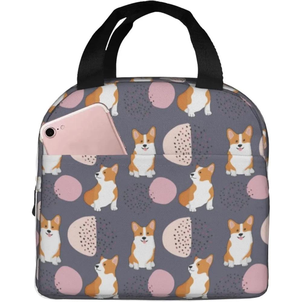 Black Boho Rainbow and Corgi Lunch Bag Cute Corgi Print Insulated Lunch Box Container with Frond Pocket for Work Picnic Travel