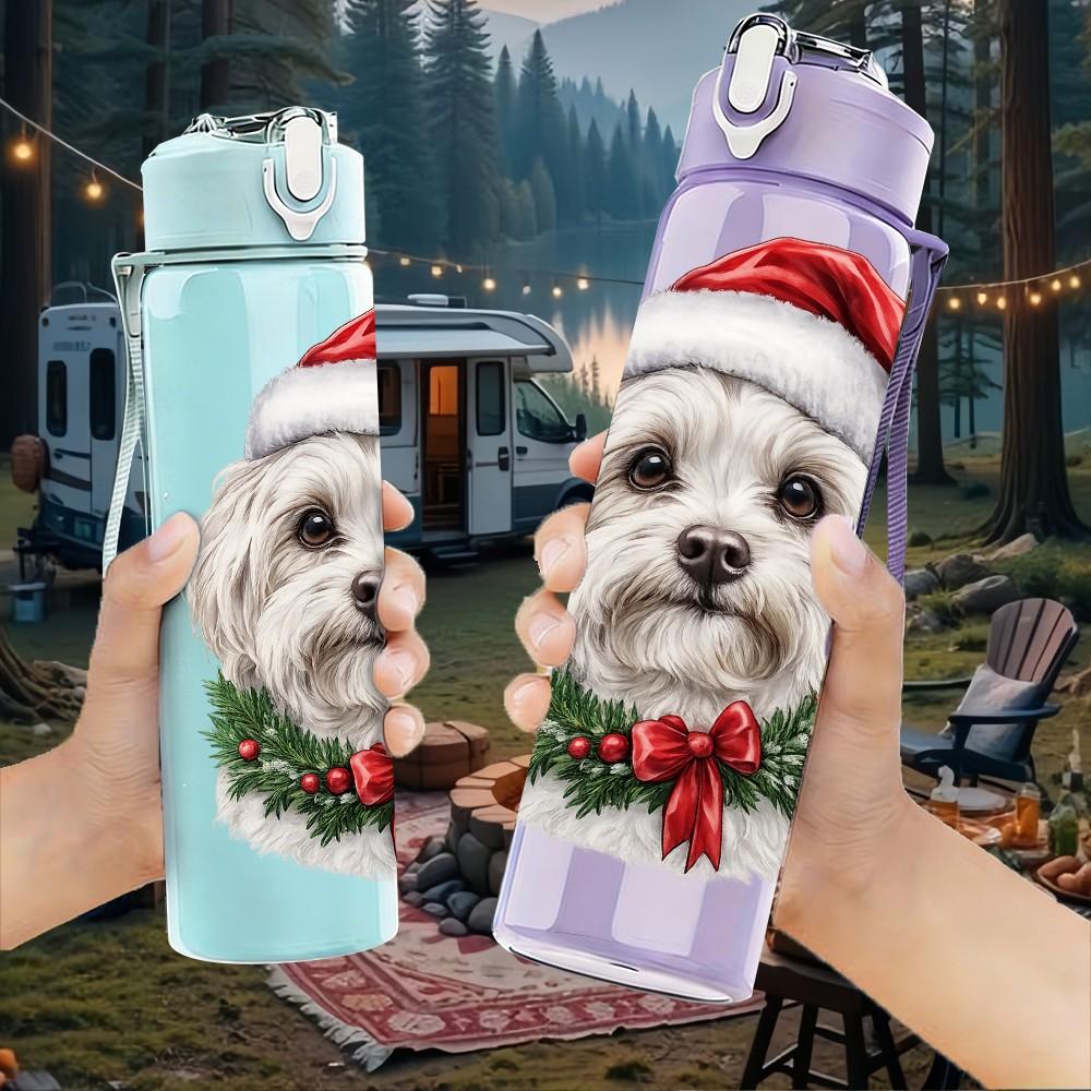 1PC Santa Hat Puppy Christmas Dog Print 750ml Color Plastic Sports Water Bottle Leakproof Flip Straw Lid Suitable for Sports Office Home Use