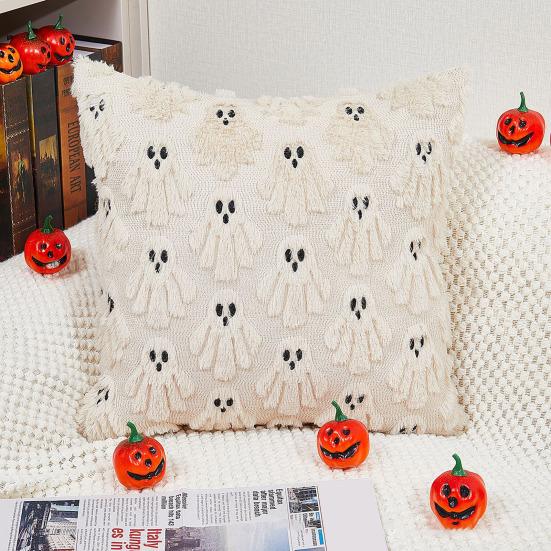 Halloweenský dekorativní povlak na polštář Měkký plyšový přehozový povlak na polštář s 3D vyšívaným designem ducha a dýně na pohovku, gauč, do ložnice