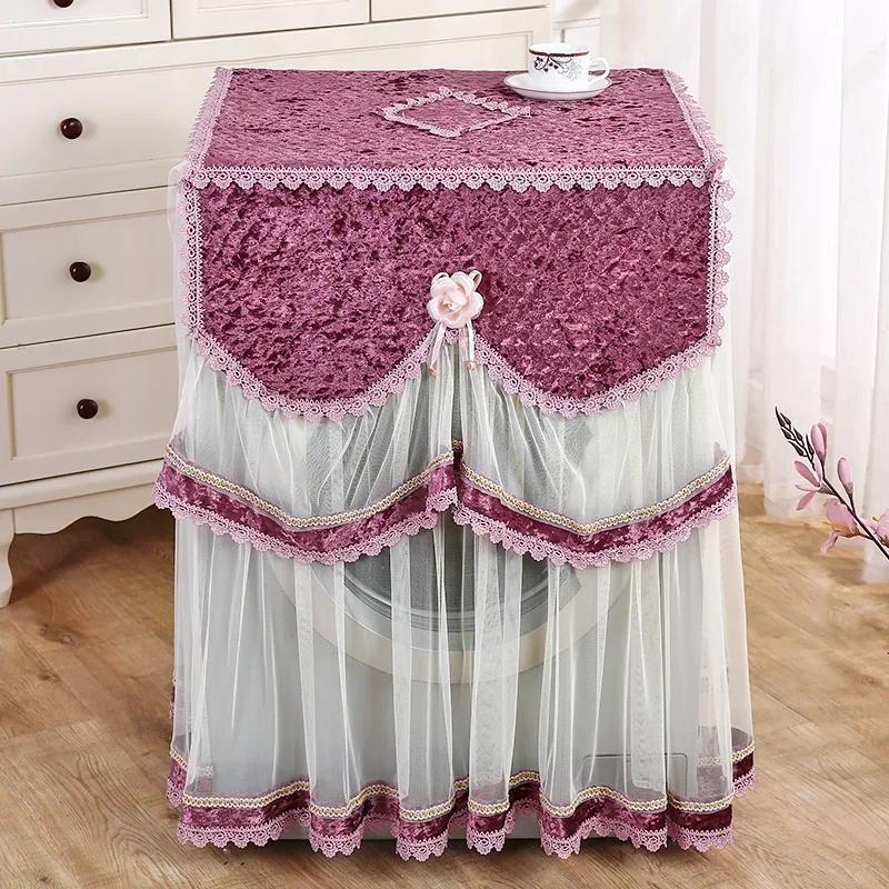 Washing Machine Cover Universal Washing Machine Cover with Roller and Wave Wheel Upflip Washing Machine Dustproof Lace Cover