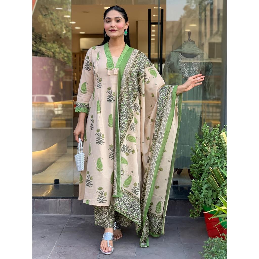 Beautiful Blockprinted Aline Kurta Palazzo Dupattas Set Indian Women's Kurti Set