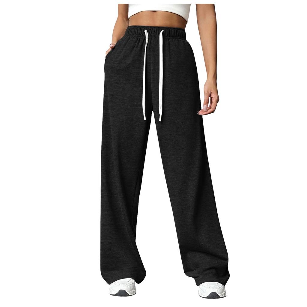 Women New Elastic Waist Pants with Side Pockets Fleece Lined Thick Wide Leg Sweatpants Pure Color Straight Cut