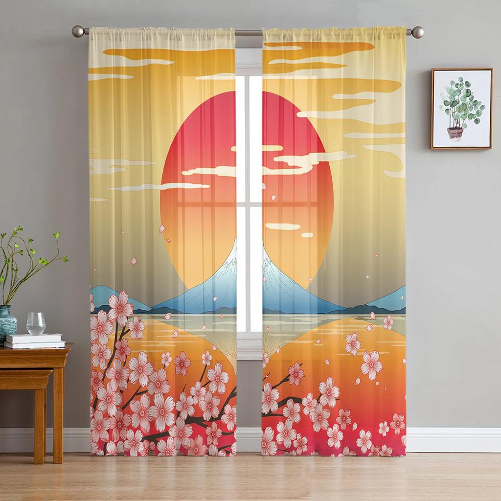 Japonská hora Fuji Sakura Květina Tyl Okenní Závěsy Obývací pokoj Organza Čirý voál Závěs Ložnice Kuchyň Domácí Dekor