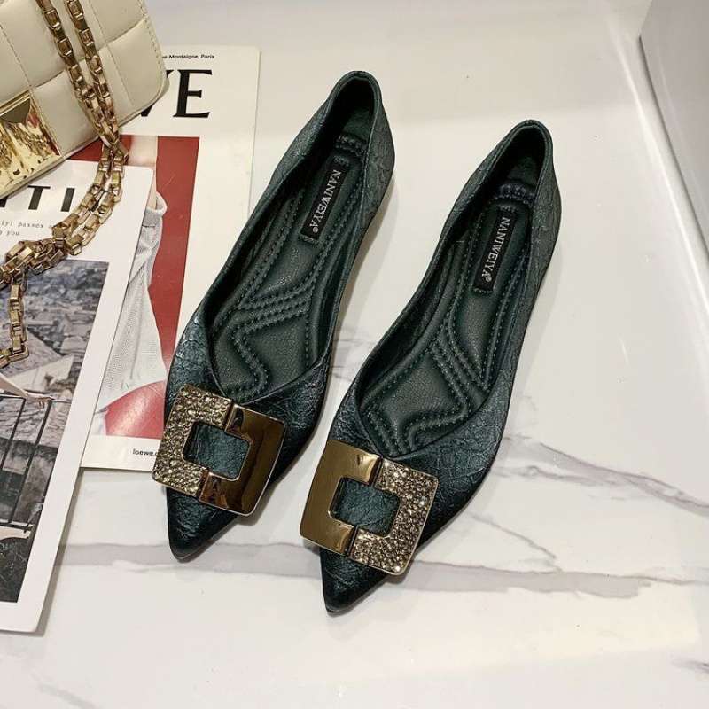 Ins Single Shoes Girl 2025 Spring New Korean Version Fairy Style Metal Buckle Pointed Tip Laden Shoes Soft Sole Foot Doudou Shoes