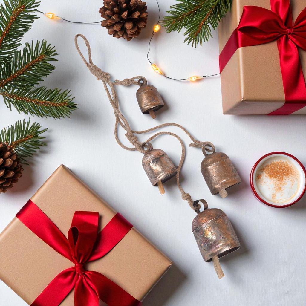 Handmade Rustic Gold Wind Chimes for Outside Garden, 4 Indian Bells with Jute Rope for Patio Decor and Meditation Spaces