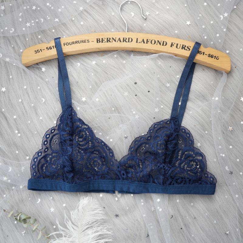 

Кружевной тонкий ремешок прозрачный бюстгальтер романтический французский треугольный бюстгальтер маленькая грудь собранный невидимое нижнее белье бюстгальтер без стальных колец One size синий