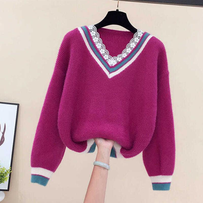 

Свитер женский кружевной пуловер с V-образным вырезом зимний свободный и универсальный короткий вязаный свитер топ 3XL