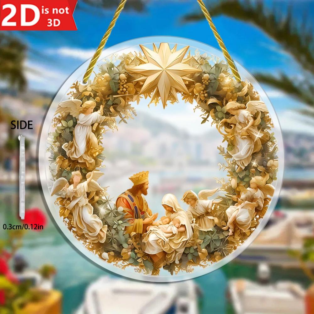 2D Nativity Scene Hanging Ornament. Transparent Circular Pendant for Home, Garden & Window Decor.