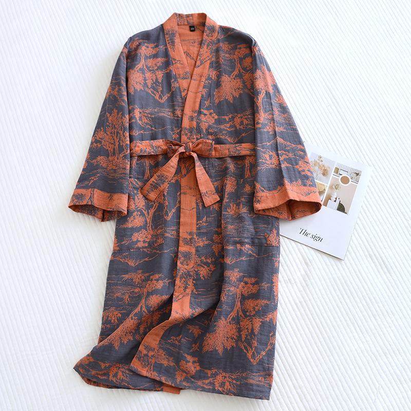 Men's Cotton Jacquard Long Sleeve Robe with Belt - Comfortable Couple Style Bathrobe.