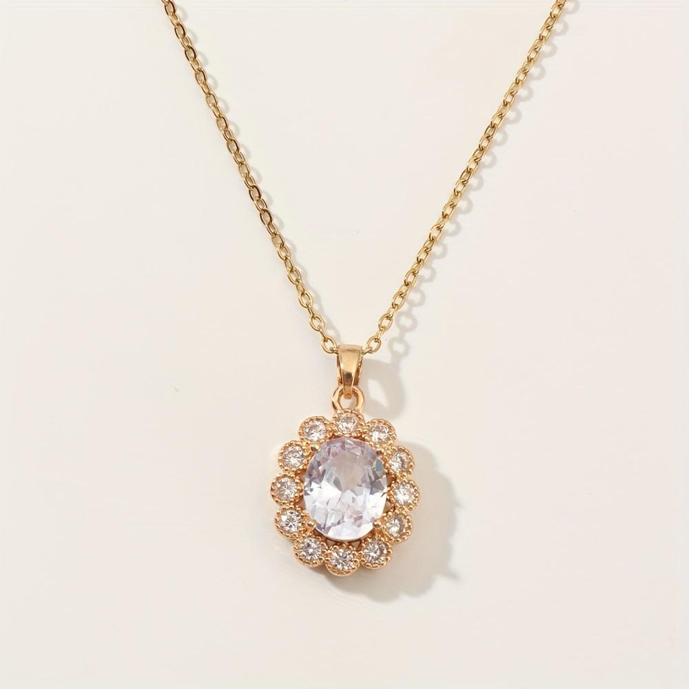 Elegant Oval Zirconia Drop Necklace, Golden Vintage Statement Jewelry