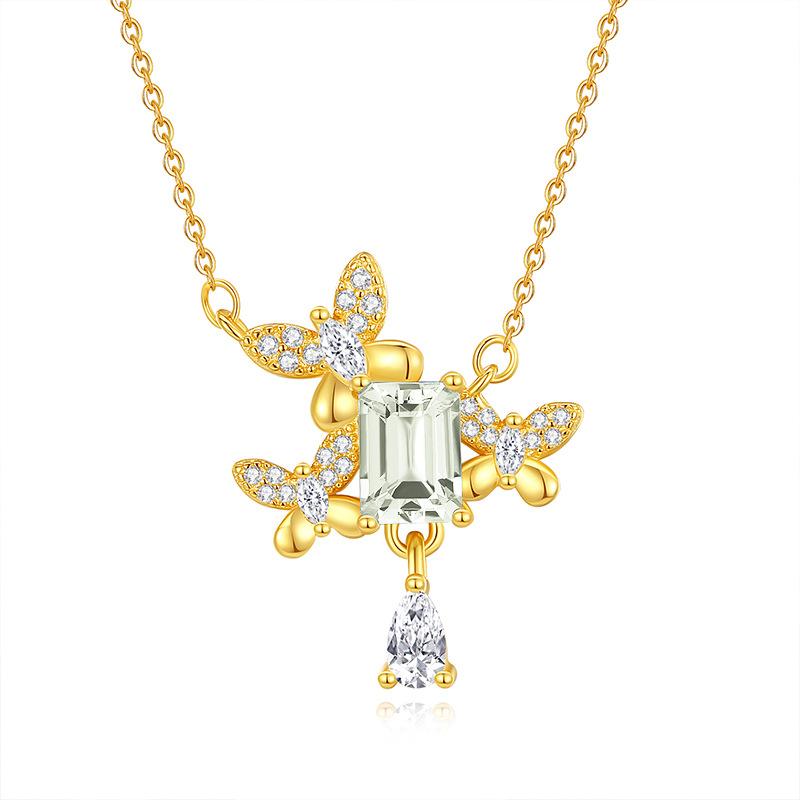 S925 Sterling Silver Natural Stone Fan Butterfly Love Fringed Necklace Women's Light Luxury High-end Collarbone Chain Fashion Retro Jewelry Gift