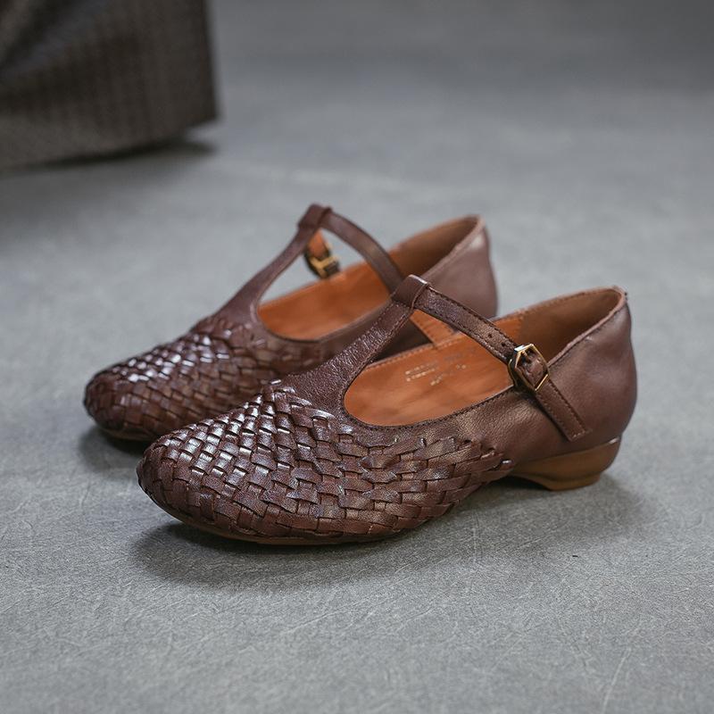 Johnature Genuine Leather Woven Shallow Mary Jane Shoes Retro Low Heeled Women's Shoes