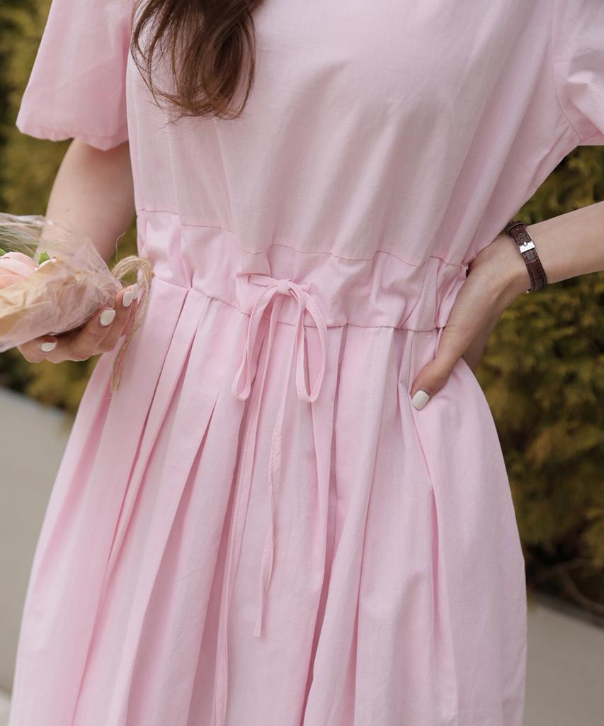 Ppaeppae Round Neck Waistline Pintuck Pleated Short Sleeve Long Dress