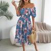 Elegant Floral Dress Women Spring Summer Square Neck Ruffled Short Sleeve Dress High Waist A Line Dress Valentine's Day