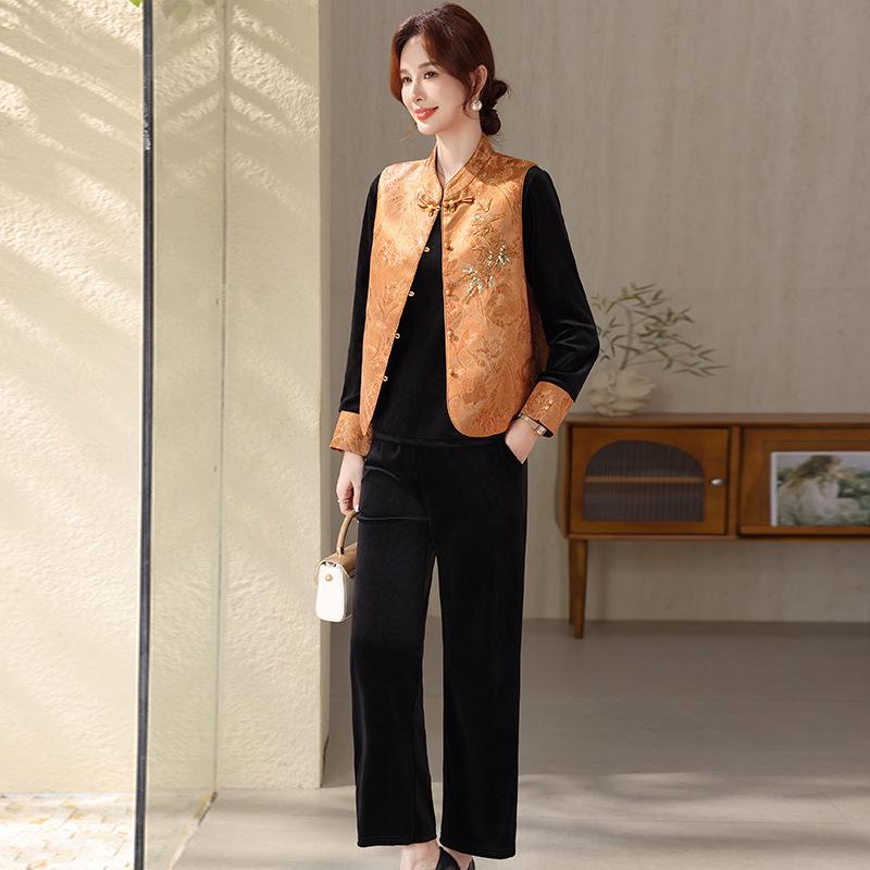 2026 Gold Velvet Chinese Style Spring Suit for Women: Elegant Top & Vest for Middle-Aged and Elderly 3XL оранжевый
