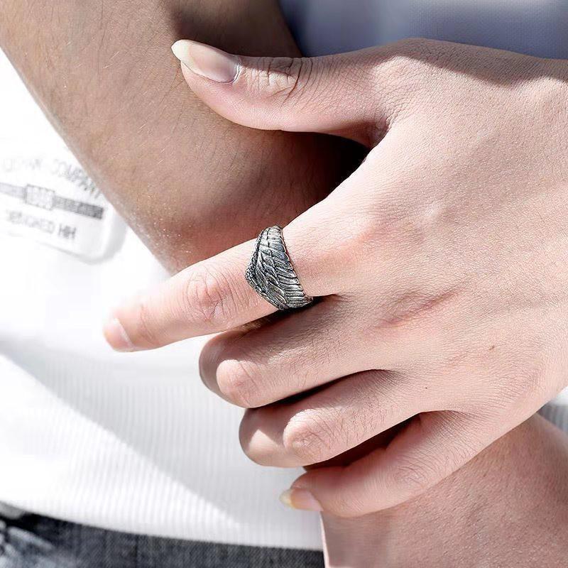 Adjustable Open Ring Men Women Sterling Feather Wing Design Retro Vintage Geometric Finger