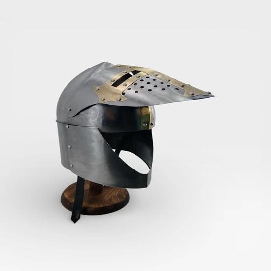 Medieval Crusader Helmet with Brass Cross Steel Knight Helmet Wearable LARP Cosplay SCA