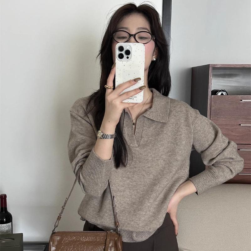 Grey Lapel Sweater Women s Sweater with Polo Knit Autumn and Winter New Base Shirt Early Autumn Korean Shirt L
