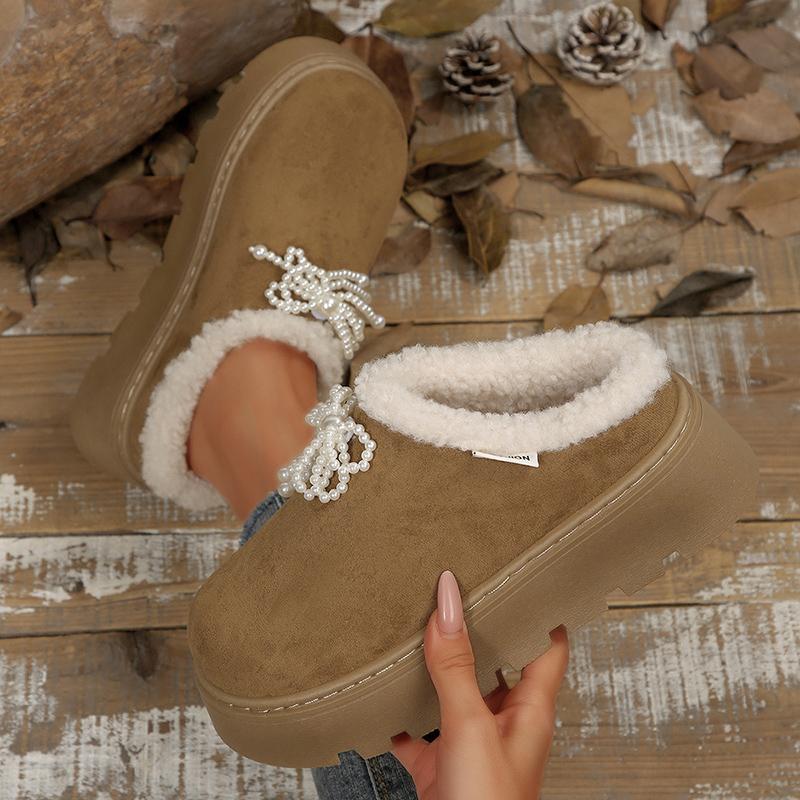 Fashion Fashion Pearls Decor Thick Sole Plush Slippers Women Outdoor Warm Winter Cotton Shoes Woman Plus Size 36-43 Non Slip Snow Boots
