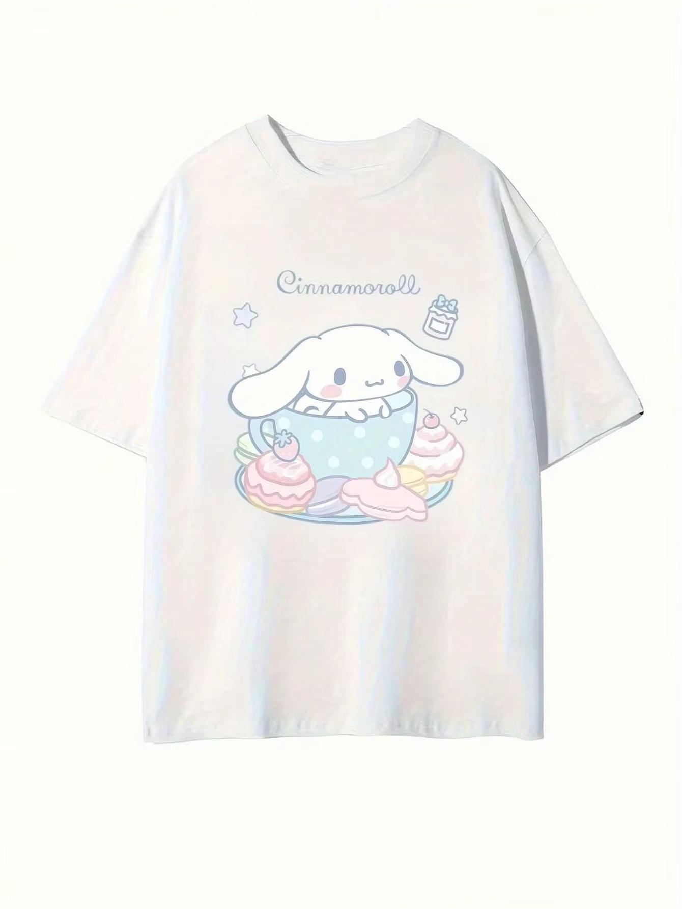 

2026 Summer Cinnamoroll Cartoon Graphic Tee Casual Short Sleeve Cotton Tops for Adults Kids Lovely Kawaii Streetwear Style S